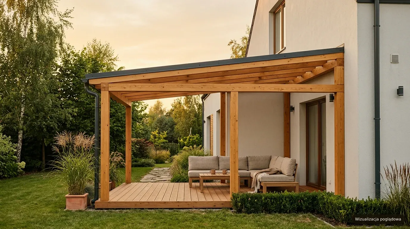 Wizualizacja poglądowa, pergola bioklimatyczna z aluminium i lamelami półotwartymi, taras drewniany, ogród w tle