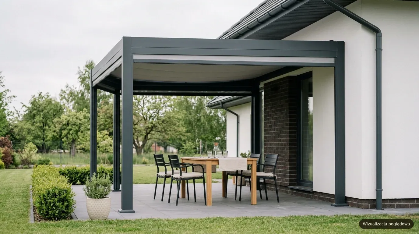 Wizualizacja poglądowa, pergola tarasowa na wymiar w Słupsku, dom jednorodzinny na Pomorzu Środkowym z kaszubską drewnianą tradycją, naturalne drewno, umiarkowane nadmorskie światło